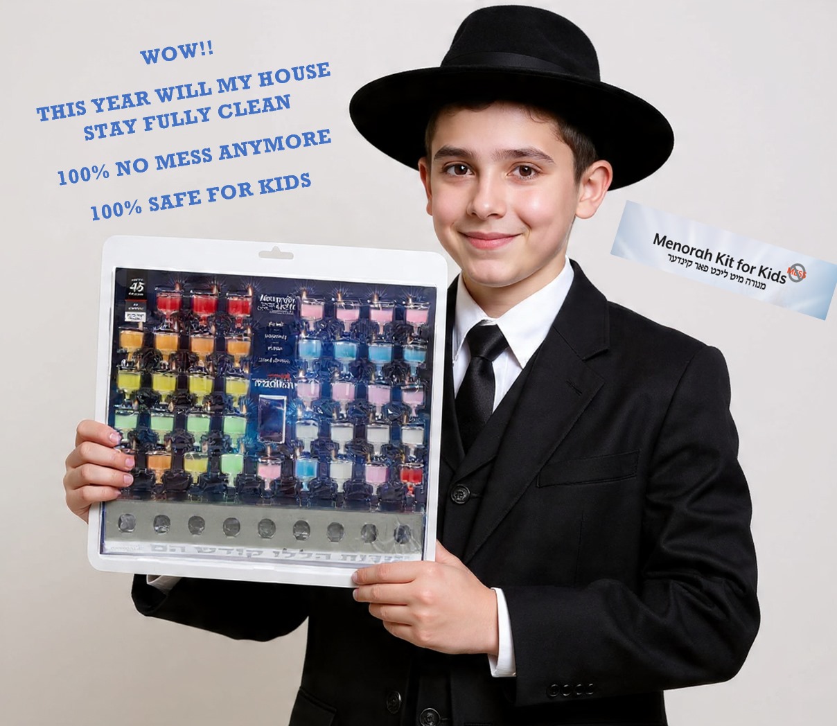 Hanukkah menorah kit for kids , includes 50 candles in real glass cup plus a menorah